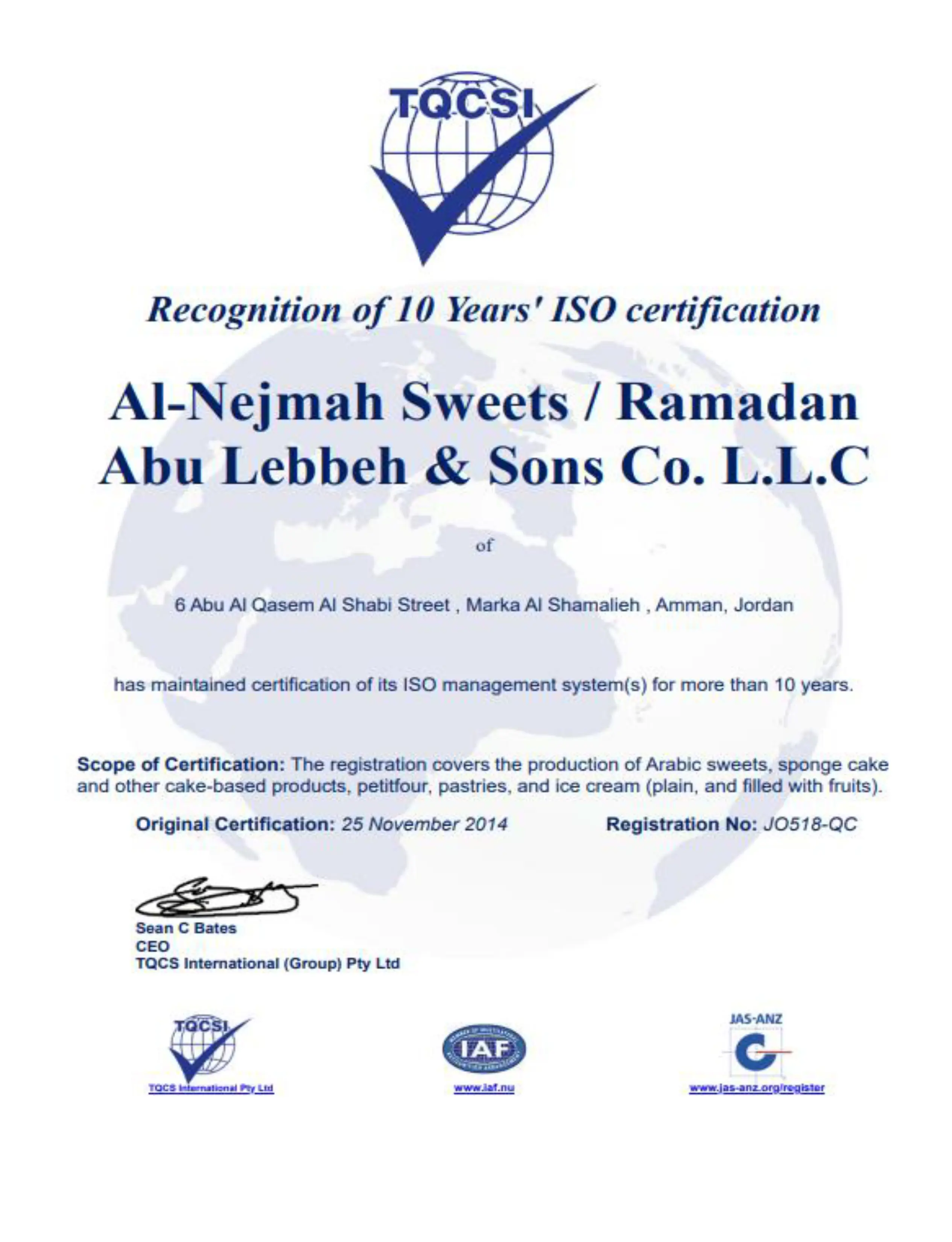 Recognition of 10 Years' ISO certification